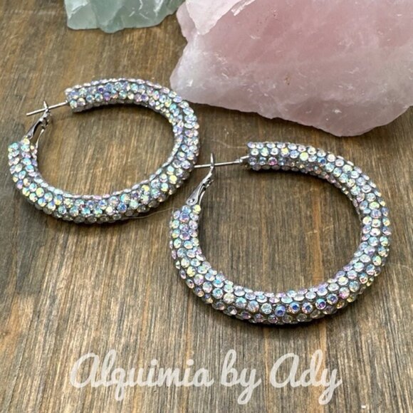 Silver and rhinestone big statement hoops - Picture 1 of 1